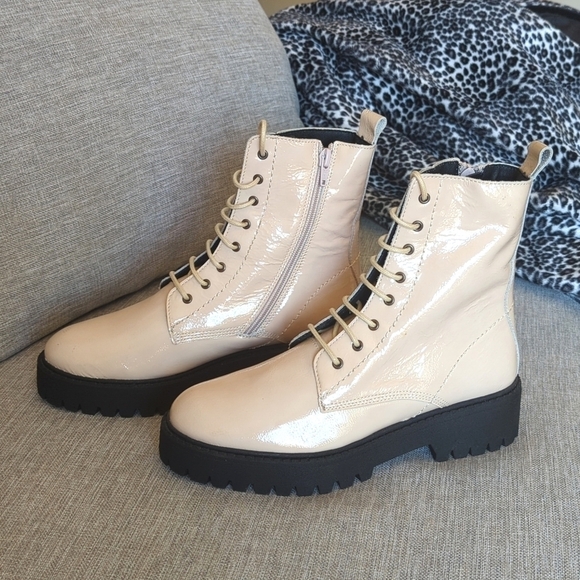 Maeve Patent Leather Combat Boots Lace Up Cream Size 37 US 6.5 - Picture 11 of 14